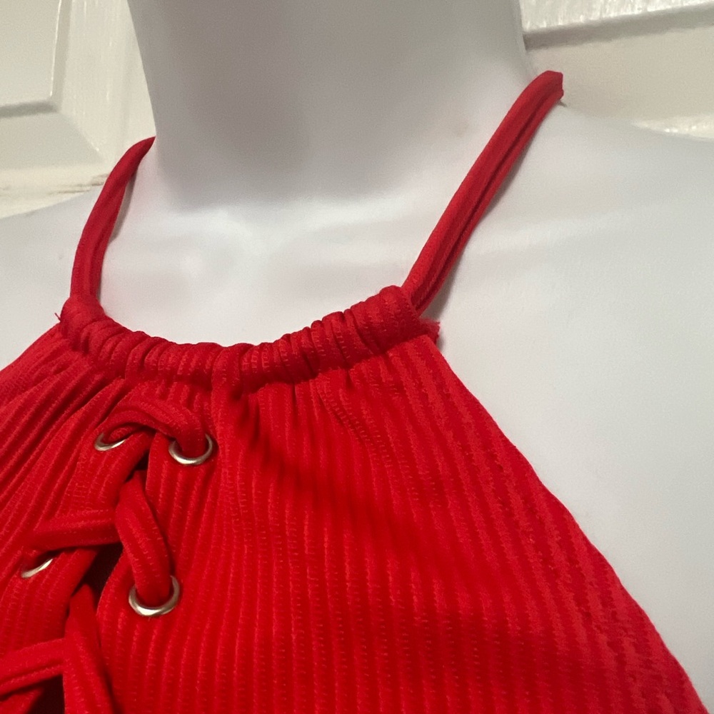 RUE21 Blue Rue Red Ribbed Lace Up Halter Top - Picture 6 of 9